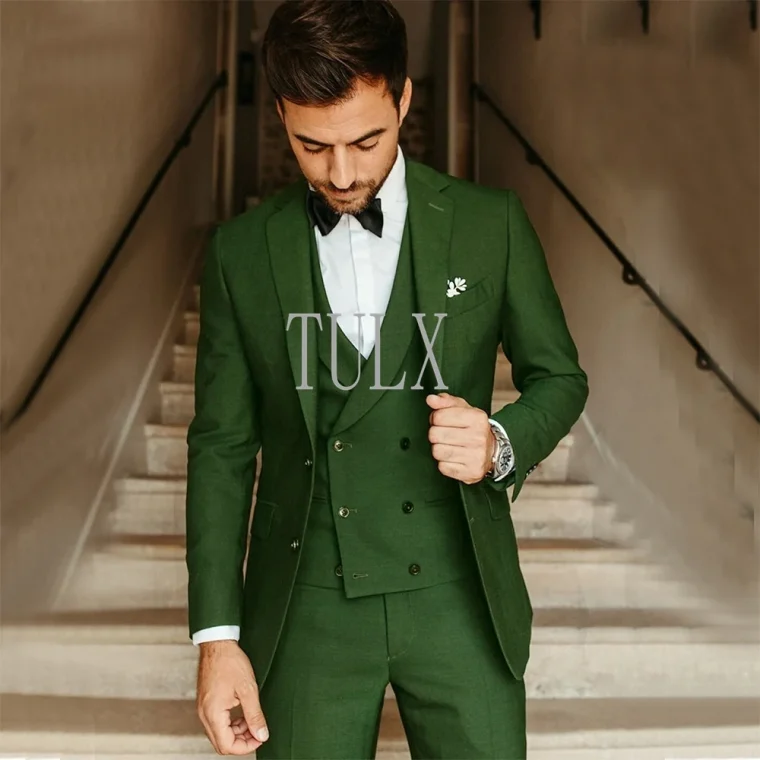 Male Suit Army Green Groom Tuxedos Party Suit - Image 2