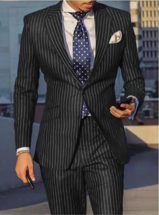 Navy Blue/Black Striped Men Suits - Image 3