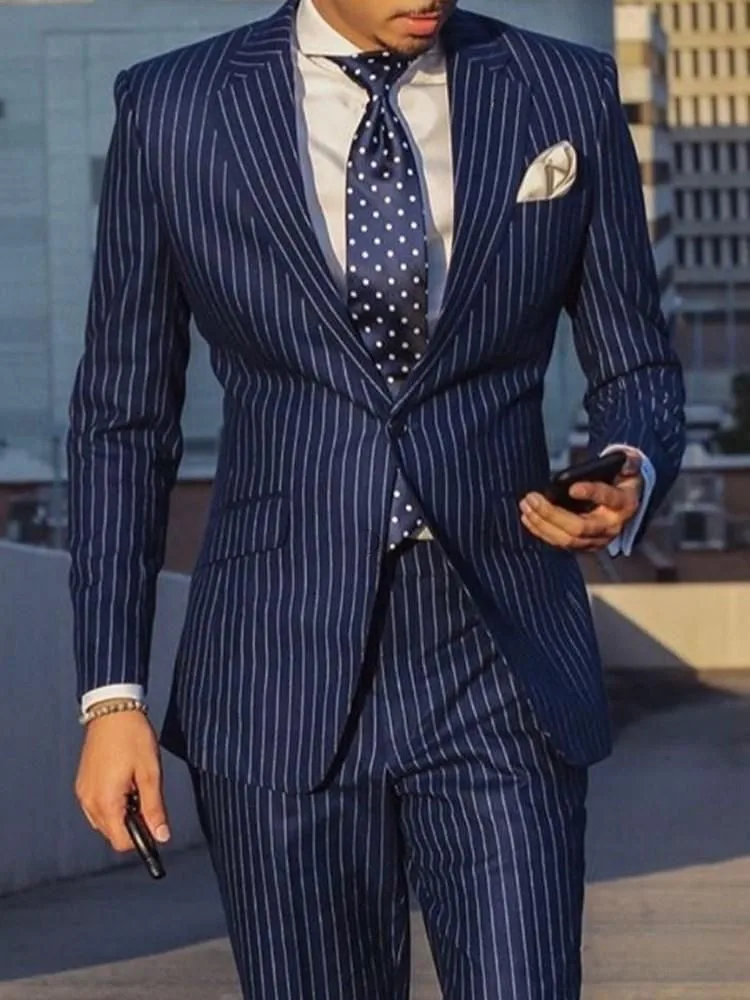 Navy Blue/Black Striped Men Suits